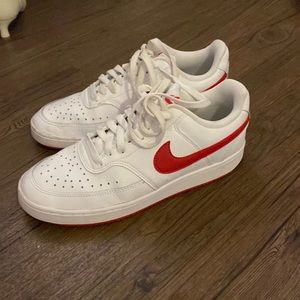 Size 8 white Nikes with red check